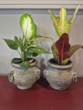 Set of 2 Heavy Terracotta Urn Planters - Distressed Aztec Tribal Motif